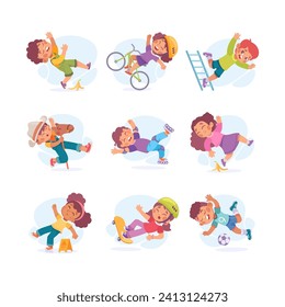 Falling Little Boy and Girl Character Slip on the Ground Vector Illustration Set