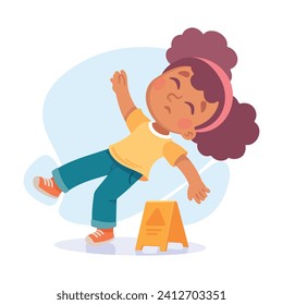 Falling Little Girl Character Slip on the Ground Vector Illustration