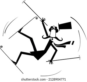 Falling long mustache skier man illustration. 
Cartoon falling long mustache skier man in the top hat black on white background
