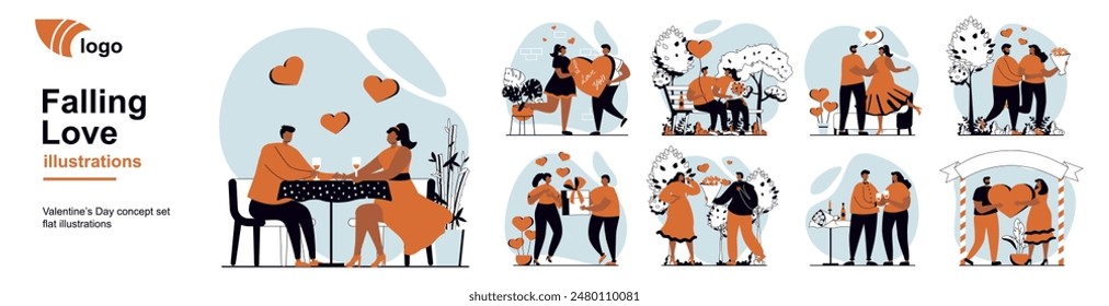 Falling love concept with people scenes mega set in flat web design. Bundle of character situation with dating at restaurant or park, gifting bouquet and heart, couple match. Vector illustrations.