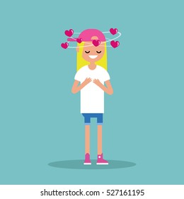 Falling in love conceptual illustration. Young blond girl with hearts spinning around her head / flat editable vector illustration, clip art