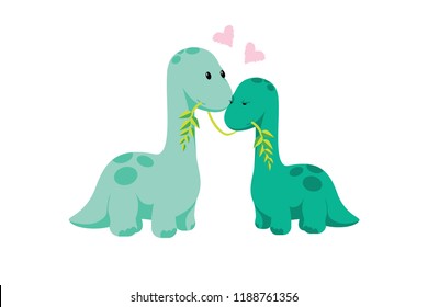 Falling in love couple of dinosaurs - male and female dino chewing single liana - for love or valentines day or wedding or betrothal or engagement greeting card, poster, banner, date invitation