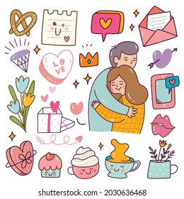 Falling in Love Couple Related Object Kawaii Doodle Set