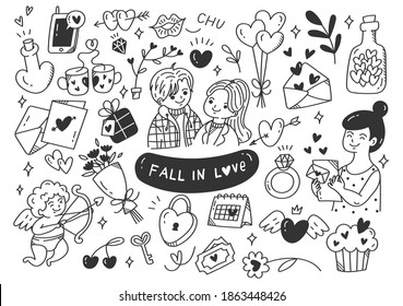 falling in love couples doodle vector illustration