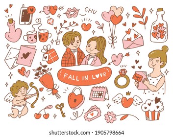 falling in love couples doodle vector illustration