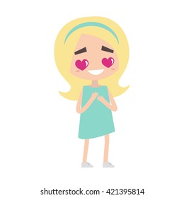 Falling in love. Cute cartoon blonde girl with heart-shaped eyes
