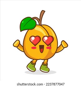 falling in love expression of a cute apricot with heart shaped eyes, In love apricot mascot cartoon style