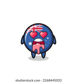 the falling in love expression of a cute australia flag badge with heart shaped eyes , cute style design for t shirt, sticker, logo element