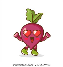 the falling in love expression of a cute beetroot with heart shaped eyes , Cute beetroot character design. Happy vegetable vector illustration. Cartoon beetroot flat design.