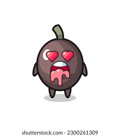 the falling in love expression of a cute black olive with heart shaped eyes , cute style design for t shirt, sticker, logo element