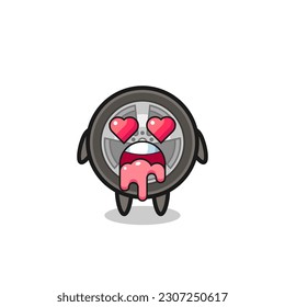 the falling in love expression of a cute car wheel with heart shaped eyes , cute style design for t shirt, sticker, logo element