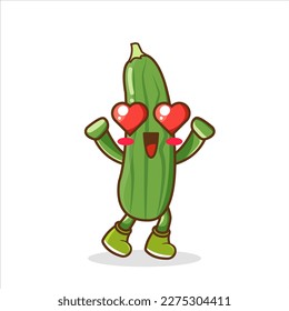 the falling in love expression of a cute cucumber with heart shaped eyes , Cute cucumber character design. Happy vegetable vector illustration. Cartoon cucumber flat design.
