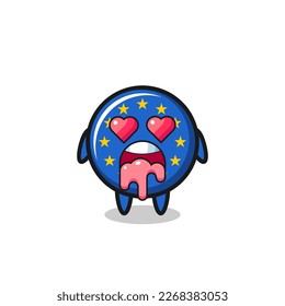 the falling in love expression of a cute europe flag badge with heart shaped eyes , cute style design for t shirt, sticker, logo element