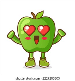 falling in love expression of a cute green apple with heart shaped eyes, heart eyes apple cartoon icon