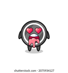 the falling in love expression of a cute hockey puck with heart shaped eyes , cute style design for t shirt, sticker, logo element