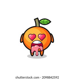 the falling in love expression of a cute mandarin orange with heart shaped eyes , cute style design for t shirt, sticker, logo element