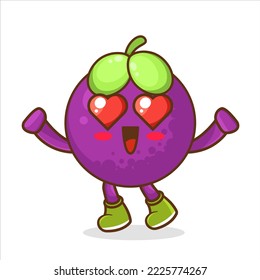 la expresión de amor de un mangostino lindo con ojos en forma de corazón. En el amor el personaje de la caricatura de la fruta mangostina aislado en la mascota
