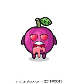 the falling in love expression of a cute plum fruit with heart shaped eyes , cute style design for t shirt, sticker, logo element
