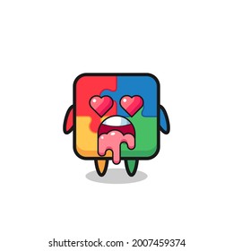 the falling in love expression of a cute puzzle with heart shaped eyes , cute style design for t shirt, sticker, logo element
