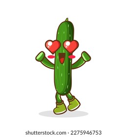 la expresión de amor de un lindo zucchini con ojos en forma de corazón, diseño de carácter Cute zucchini. Feliz ilustración vectorial vegetal. Dibujo de diseño plano de zucchini.
