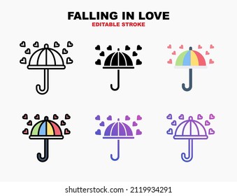 Falling in love heart with umbrella icon set with different styles. Editable stroke and pixel perfect. Can be used for digital product, presentation, print design and more.