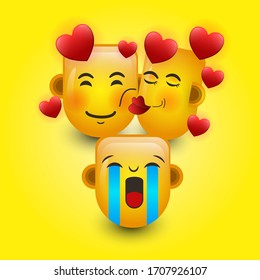Falling in love with isolated emojis with one emoji reaction on a yellow background. 3D illustration.