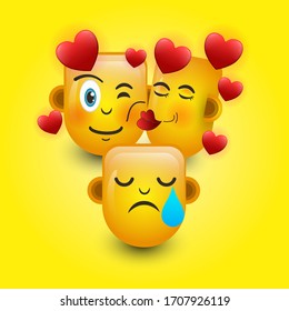 Falling in love with isolated emojis with one emoji reaction on a yellow background. 3D illustration.