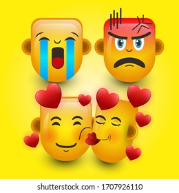 Falling in love with isolated emojis with two emoji reaction on a yellow background. 3D illustration.
