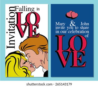 "Falling in Love". Pop Art Wedding Cartoon card template. vector illustration Celebrating Love wedding invitation. Pop Art Kissing Couple in Love.