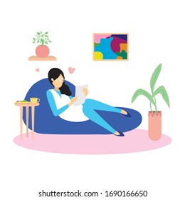 Falling in love, reading a letter concept illustration. Young woman at home. People at home in quarantine. Vector flat style illustration