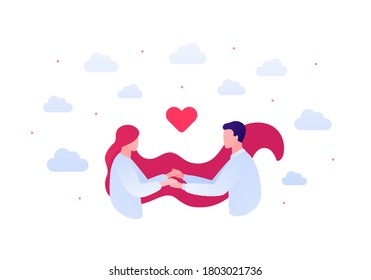 Falling in love and relationship concept. Vector flat people illustration. Couple of male and female holding hands with heart shape symbol on sky background. Design element for banner, web, app.