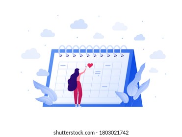 Falling in love, relationship and dating concept. Vector flat people illustration. Woman standing near schedule planning date. Heart shape love symbol. Design element for banner, web, app.
