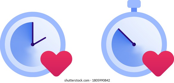 Falling in love, relationship and speed dating concept. Vector flat icon illustration set. Couple of clock sign with heart love symbol. Design element for banner, web, app.
