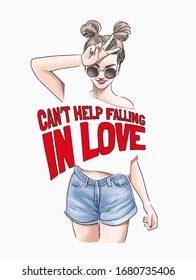 falling in love slogan with girl in sunglasses illustration