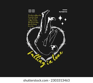 falling in love slogan typography with falling person silhouette in grunge style for streetwear and urban style t-shirt designs, hoodies, etc