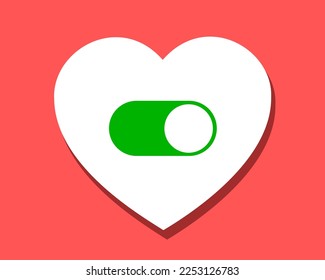 Falling in love - switch button to turn on or off love heart, romance and romantic relationship. Vector illustration on plain solid background.