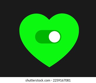 Falling in love - switch button to turn on or off love heart, romance and romantic relationship. Vector illustration isolated on black.