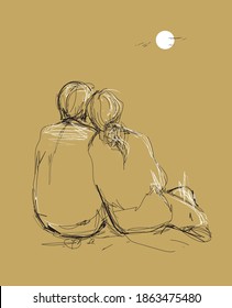 Falling in love vector illustration. A pair of human , drawing, sketch, line, figure, back, rough. Isolated on classic brown background.
