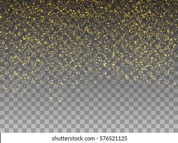 Falling magic gold dust isolated on transparent background. Leaning shining orange powder. Golden rain glitter particles. Fairy, pixie dust. Vector illustration element for design.