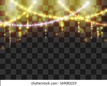 Falling magical shiny sparklers and garland. Glow lights effect on transparent background. Vector top border.
