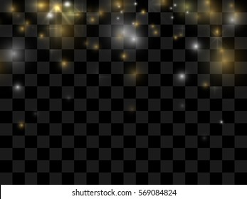 Falling magical shiny sparklers. Glow lights effect on transparent background. Vector top border.