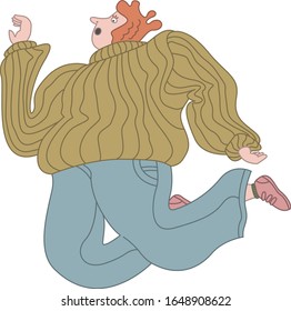 Hombre caído en un suéter acogedor, jeans azules y zapatillas rosas