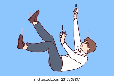 Falling man in business attire symbolizing failure or bankruptcy associated with being fired. Falling guy flies down and screams due to career problems and troubles related to financial crisis