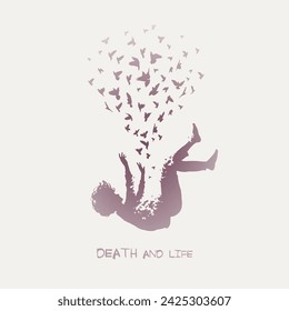 Falling man. Death, afterlife. Flying bird in fog. Isolated silhouette