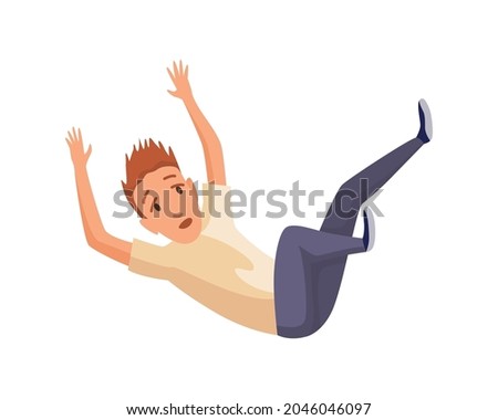 Falling man. Falling down people accident. Young men dangerous accident. Danger, risk. Bad luck, misfortune, fiasco. Business failure, company crash concept