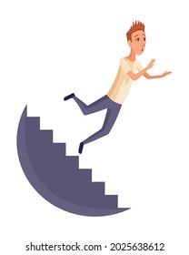 Falling man. Falling down people because fall of stairs, accident. Young men dangerous accident. Danger, risk. Bad luck, misfortune, fiasco. Business failure, company crash concept