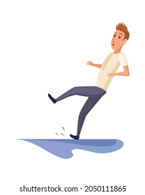 Falling man. Falling down people because of slipping, accident. Young men dangerous accident. Slippery, danger, risk. Bad luck, misfortune, fiasco. Business failure, company crash concept