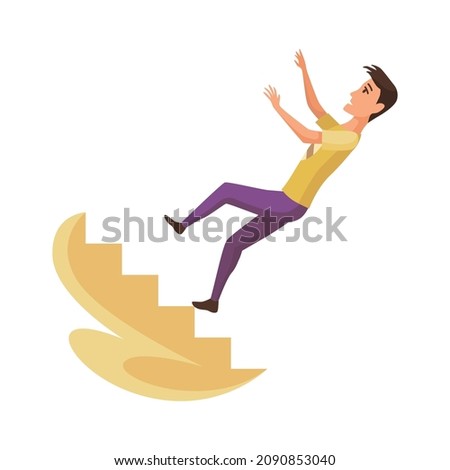 Falling man. Falling down people because fall of stairs, accident. Young men dangerous accident. Danger, risk. Bad luck, misfortune, fiasco. Business failure, company crash concept