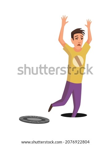 Falling man. Falling down people through the open hatch, accident. Young men dangerous accident. Danger, risk. Bad luck, misfortune, fiasco. Business failure, company crash concept