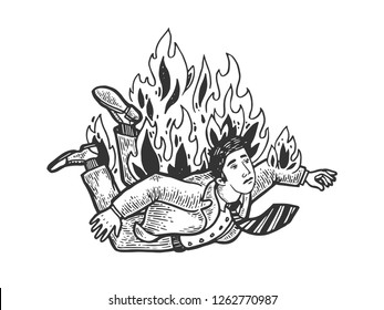 Falling man engraving vector illustration. Scratch board style imitation. Black and white hand drawn image.
